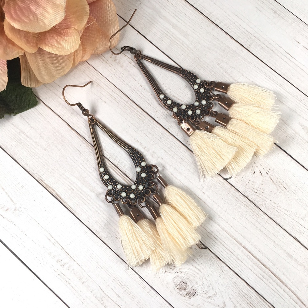 Cream Vintage Boho Tassel Drop Earrings - Picture 3 of 7